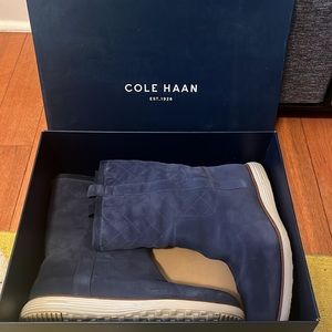 Slightly worn well kept Cole Haan Blue suede pull on boots